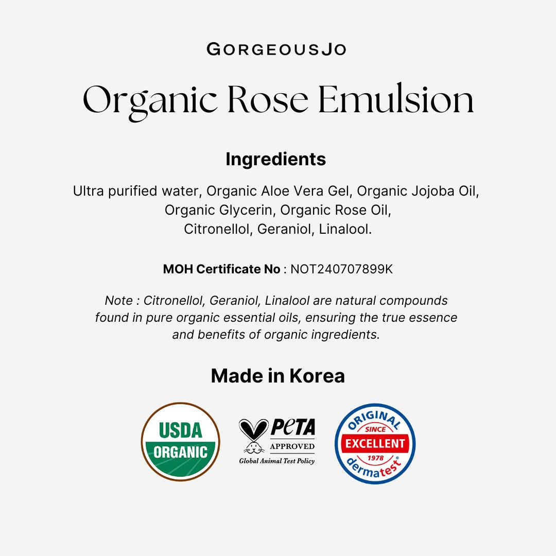Product label for Organic Rose Emulsion with ingredients list, certification logos, and 'Made in Korea' text.