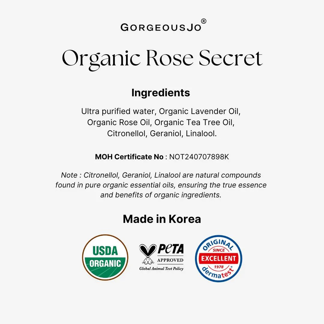 Product label for 'Organic Rose Secret' with ingredients list and certification logos on a white background.