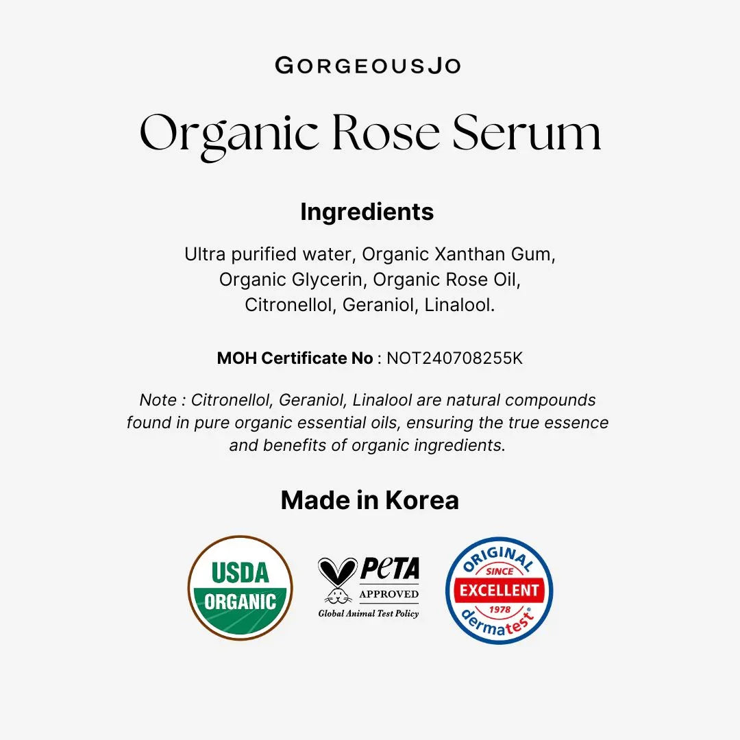 Product label for Organic Rose Serum with ingredients list, certification logos, and 'Made in Korea' text.