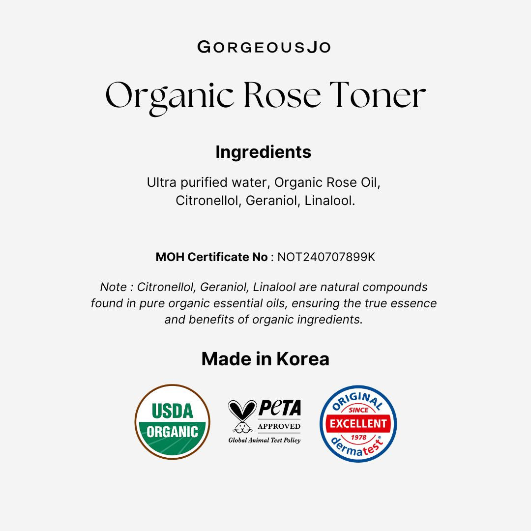 Product label for Organic Rose Toner with ingredients list, certification logos, and 'Made in Korea' text.