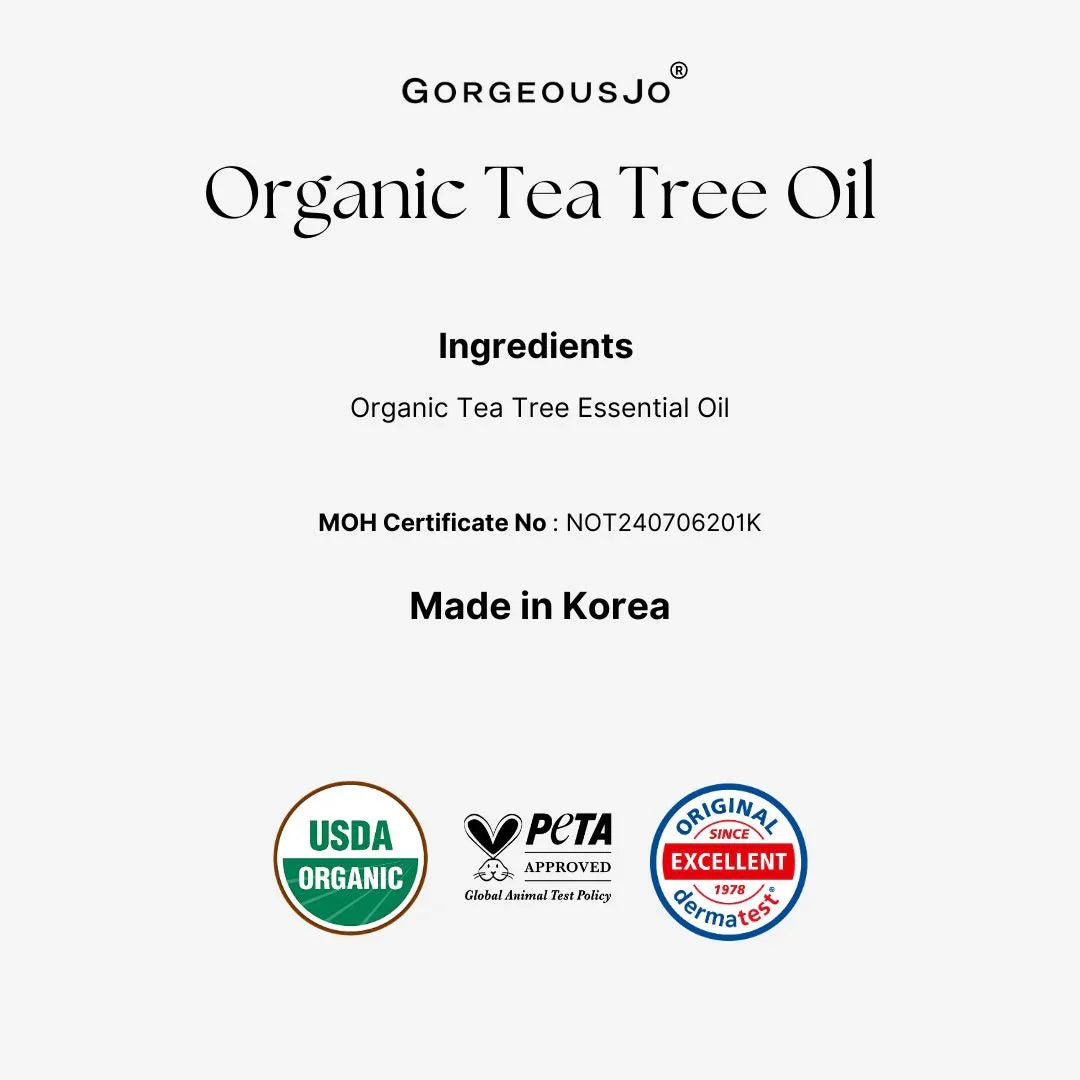 Product label for Organic Tea Tree Oil by Gorgeousjo with certification logos on a white background.