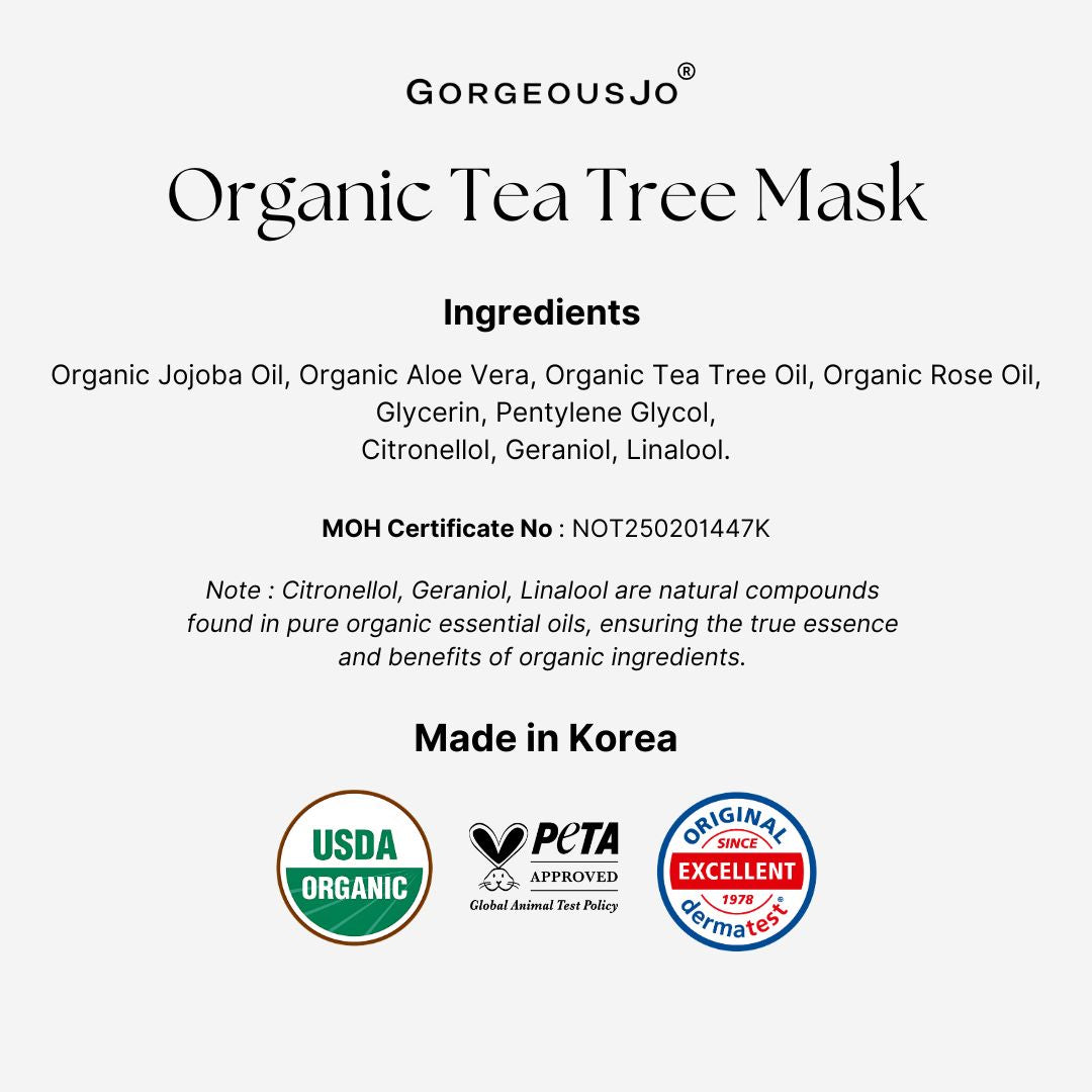 Gorgeousjo Organic Tea Tree Mask label with ingredients list and certification logos on a white background