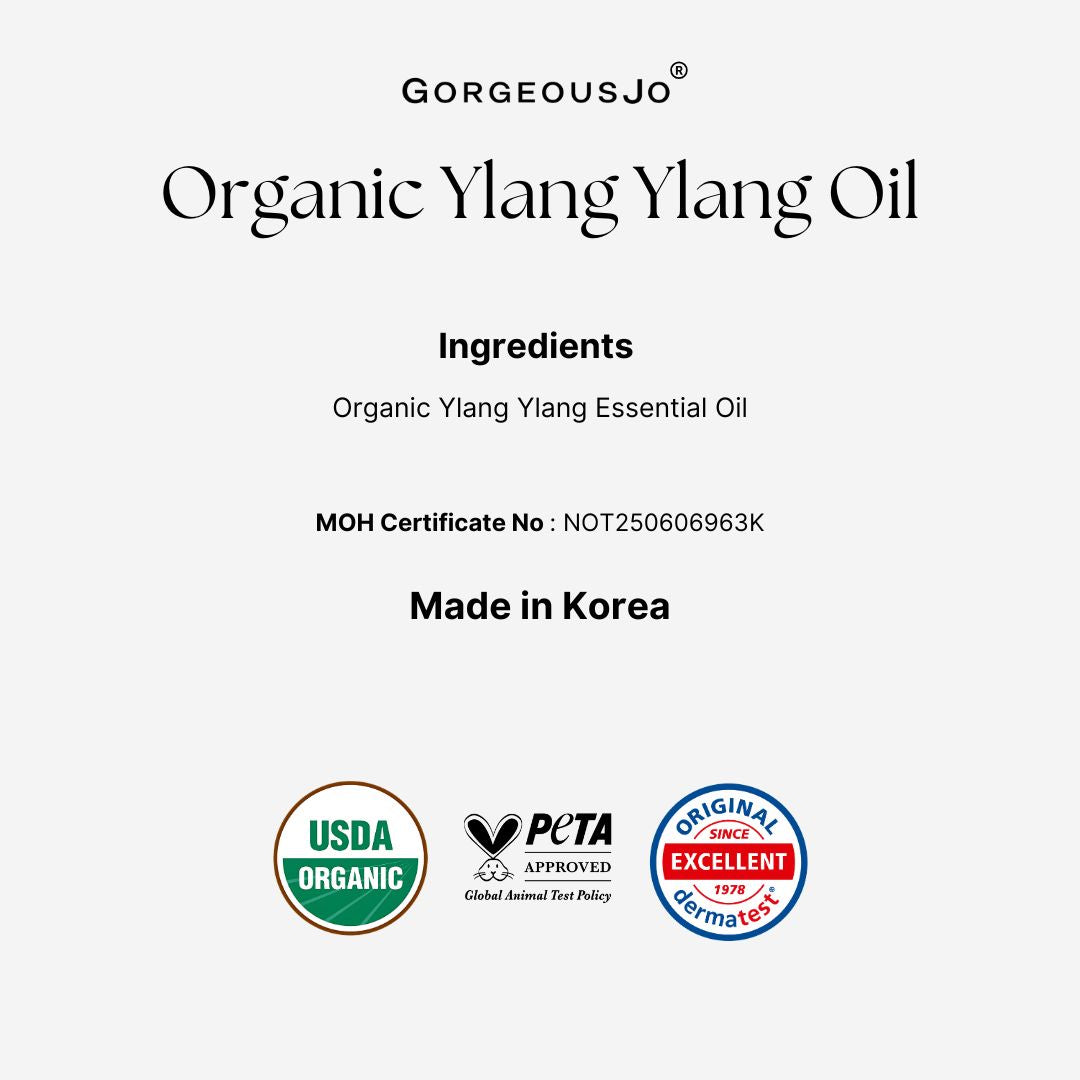 Product label for Organic Ylang Ylang Oil by Gorgeousjo with certification logos on a white background.