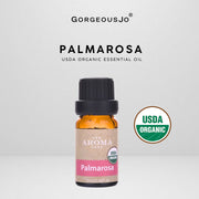 Palmarosa USDA organic essential oil bottle with 'Gorgeousjo' branding on a light gray background.