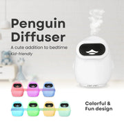 A promotional image featuring a white penguin-shaped water diffuser with a black eye and beak detail. The diffuser is depicted emitting steam and is accompanied by smaller images of the diffuser in various colors including pink, blue, green, orange, purple, and yellow.