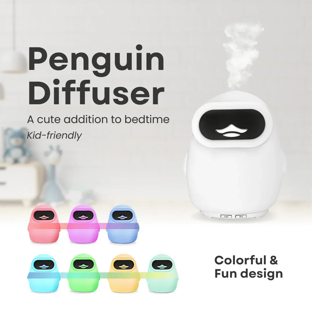 A promotional image featuring a white penguin-shaped water diffuser with a black eye and beak detail. The diffuser is depicted emitting steam and is accompanied by smaller images of the diffuser in various colors including pink, blue, green, orange, purple, and yellow.