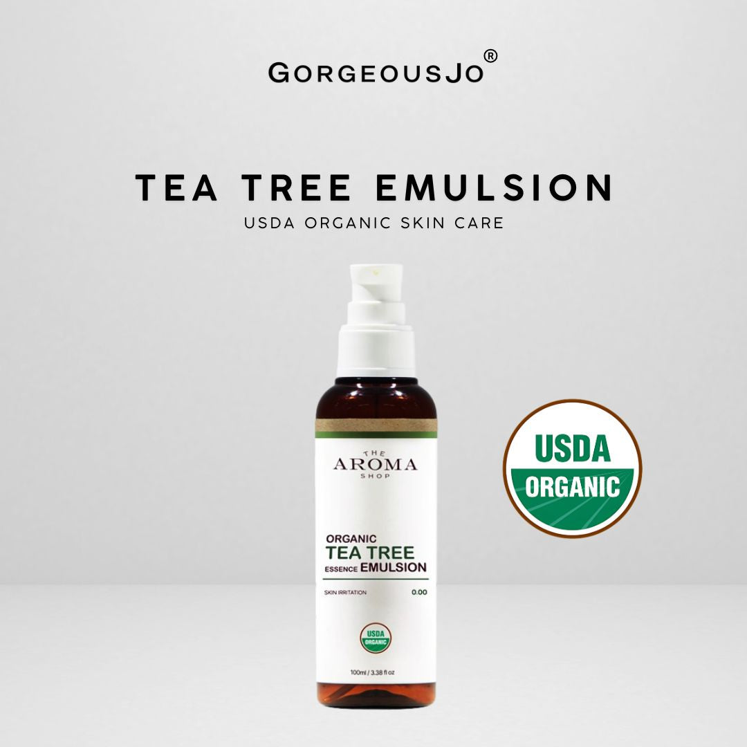 Tea tree emulsion bottle with USDA Organic label on a white background