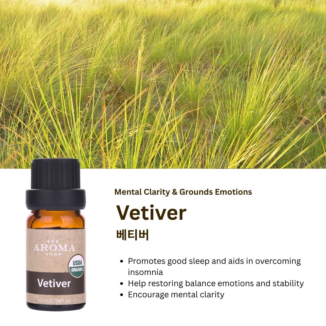 Vetiver essential oil bottle with grass field background