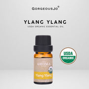 Ylang Ylang USDA Organic Essential Oil bottle with 'Gorgeousjo' branding on a light gray background