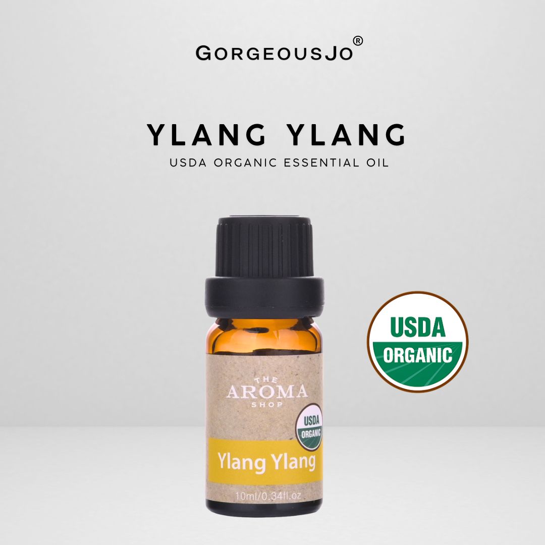 Ylang Ylang USDA Organic Essential Oil bottle with 'Gorgeousjo' branding on a light gray background